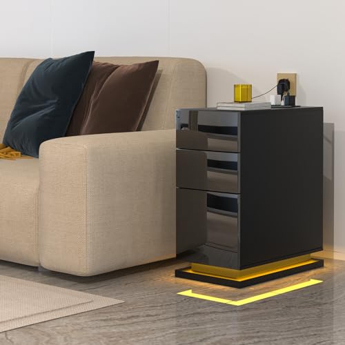 Mesitas de Noche negro Estrechas con Tomas Alto Brillo Mesita de Noche con 3 Cajones Mesita de Noche Estrecha Mesa Auxiliar Dormitorio con Tira de luz led y Librería, 50x30x63cm Mesita de Noche x1