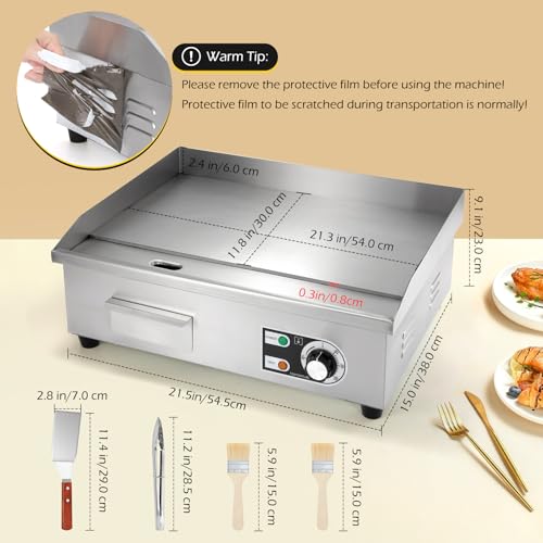 Dyna-Living Commercial Electric Griddle 22'' Flat Top Grill Countertop 3000W Stainless Steel Electric Griddle Nonstick Commercial Flat Top Griddle Countertop Grills, 122°F-572°F Temp Adjustable - Thumbnail 5