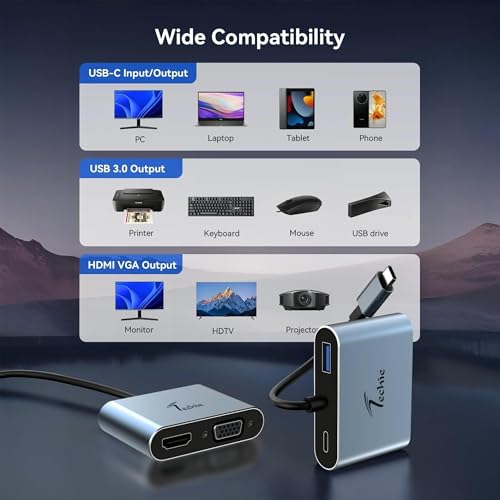 Image of Techie Type-C 4-in-1 Hub with HDMI 4K, VGA 1080P, USB 3.0 5Gbps, and 100W Power Delivery for MacBook iPad Pro Windows Laptops and Tablets (Silver)