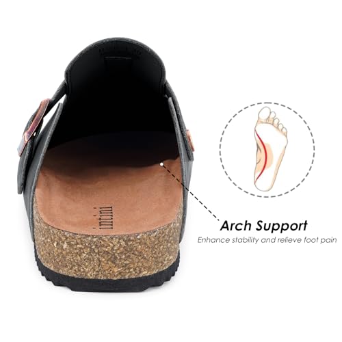 Image of Womens Cork Footbed Clogs Mens PU Leather Mules with Arch Support Adjustable Buckle Comfort Slip On Potato Shoes Unisex Non-Slip Flat Sandals Indoor Outdoor