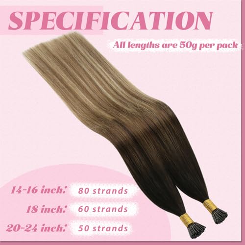 Image of YoungSee I Tip Extensions Dark Brown Ombre, Itip Human Hair Extensions, Balayage Dark Brown to Medium Browns with Blonde, Itip Hair Extension Real Human Hair, 14 Inch 70 Strands 50g, for Short Hair