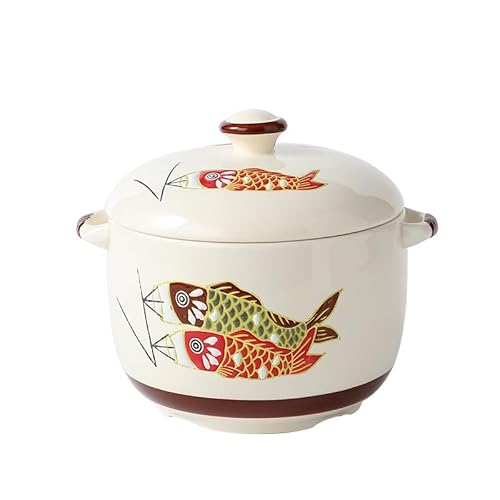 TAKEY茶碗蒸し 蒸し碗 蒸し器 ?? 蓋付き 両手鍋 日本風 スープカップ デザートカップ スプーン付き 食器 うつわ 遠赤外線効果 器 皿 お皿 陶器 お手入れ簡単 (1000ML和風カープ,セラミックス)