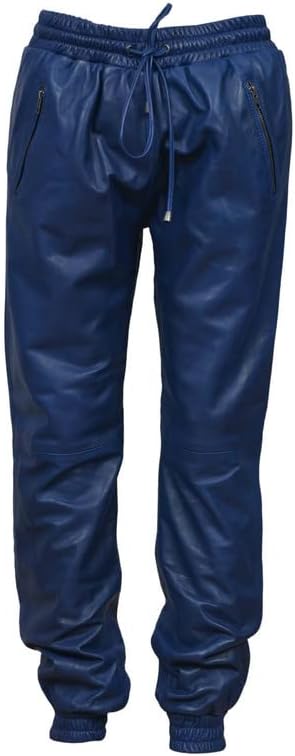 Leather Trens Lambskin Leather Men's Atheletic Blue Color Casual, Party Sweat Pant LTSP44