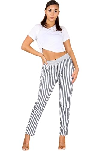 Image of WearAll Women’s Grey Stripe Print Jogger Sweatpants Ribbed Waistband Trousers Ladies Causal Summer Joggers Drawstring Italian Gym Running Pants Baby 12