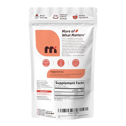 Image of Micro Ingredients Astaxanthin 12mg with MCT Oil, 60 Softgels | Fresh Microalgae Source | Triple Strength, Easy to Swallow, Non-GMO, Gluten Free, Soy Free