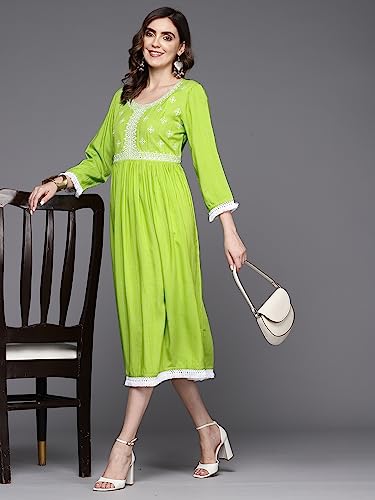 Image of INDO ERA Women's Midi A-Line Striped Viscose Rayon Ethnic Dress for Women