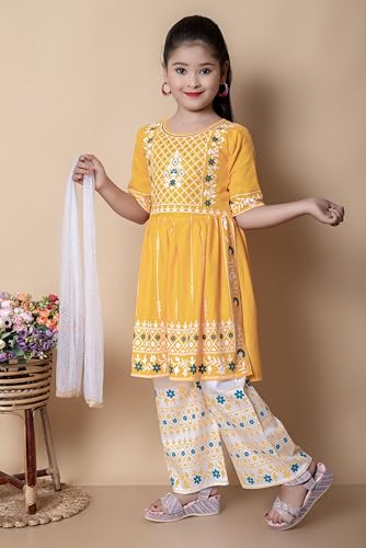 Image of New Badshah Dressesn Indian Ethnic Kids Girls Kurta Straight Pant with Silky Dupatta Dress Set, Cotton Rayon Fabric