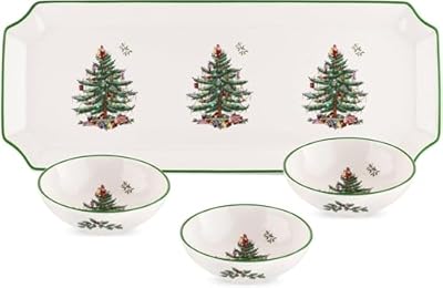 Spode Christmas Tree Rectangular Tray with Dipping Dishes, 4 Piece Holiday Serveware Set - Dip Bowls for Sauces, Nuts, Candy, Condiments - Fine Earthenware, Dishwasher Safe - Entertaining Essential