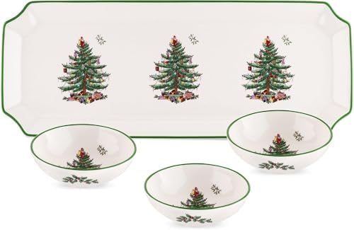 Spode Christmas Tree Rectangular Tray with Dipping Bowls, 4-Piece...