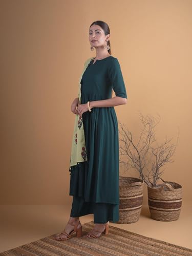 Image of Libas Women's Printed Rayon Anarkali Kurta With Palazzos & Dupatta