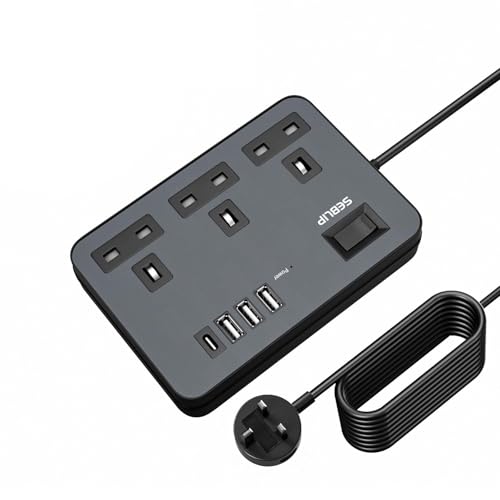 Extension Lead with 4 USB Slots 3 Way Plug Extension Socket with Switches Power Strip Extension Cord with Power Switch 5m Extension Cable for Office Bedroom Black
