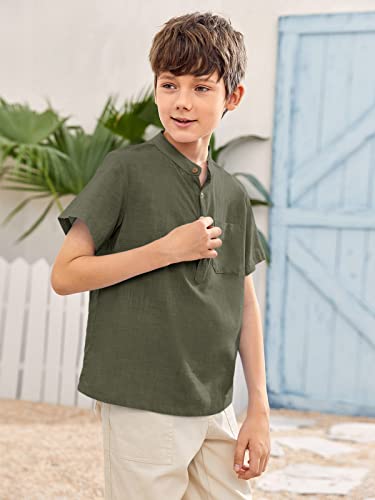 Image of Inorin Boys Button Up Henley Shirts Short Sleeve Summer Cotton Dress Shirt | Kids Casual Tees Tops, Chest Pocket, Solid Color Basic T-shirts, 5-14 Years