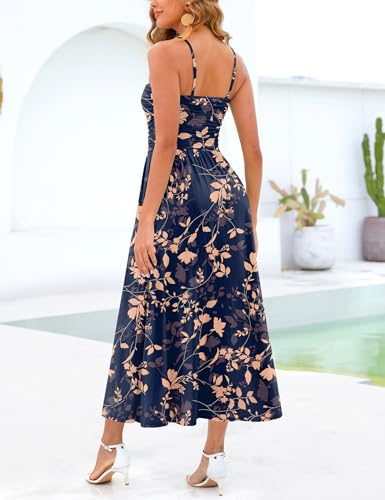 Image of Annebouti Women 2026 Summer Spring Ruched Maxi Dress Adjustable Spaghetti Strap Floral Beach Long Sundress with Pockets