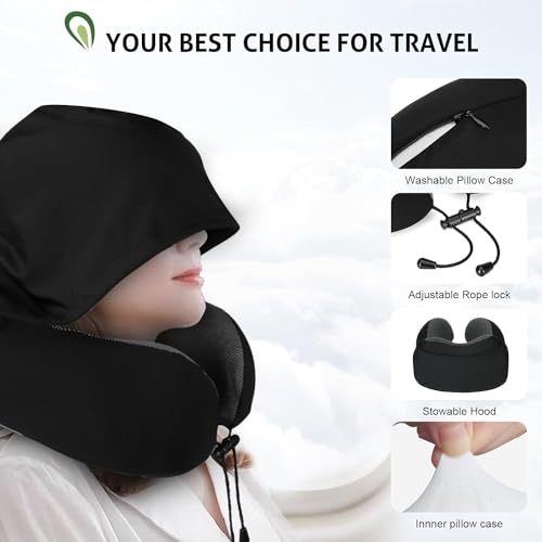ADOFYS Travel Pillow for Neck Memory Foam, Hooded Travel Neck Pillow for Adults, Comfortable Neck Pillow for Travel with Hoodie, Flight Pillow, Airplane Pillow, Travel Cushion for Plane Car Train 7 41MC9CQ6toL
