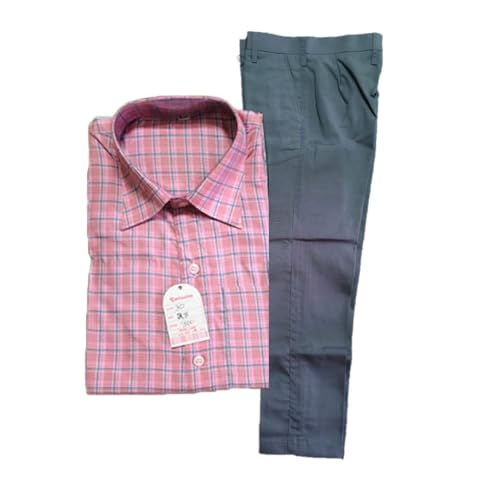 Image of Boys School Uniform Half Sleeve Checked Shirt with Pants Set - Comfortable Cotton Blend School Wear for Kids
