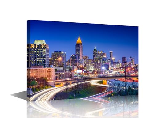 Bathroom Decor Wall Art Raleigh, North Carolina Poster Print on Canvas 1 Piece Night Downtown Landscape Wall Decorations for Living Room, Office, Bathroom and Ready to Hang (24''Wx 36''H)