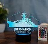 Bismarck Schlachtschiff Lampe LED 3D – Kriegsschiff Deko Licht mit Farbwechsel – Geschenk für Schiffsmodell-Fans & Marine-Enthusiasten – Battleship Acrylleuchte – Acrylglas Made in Germany
