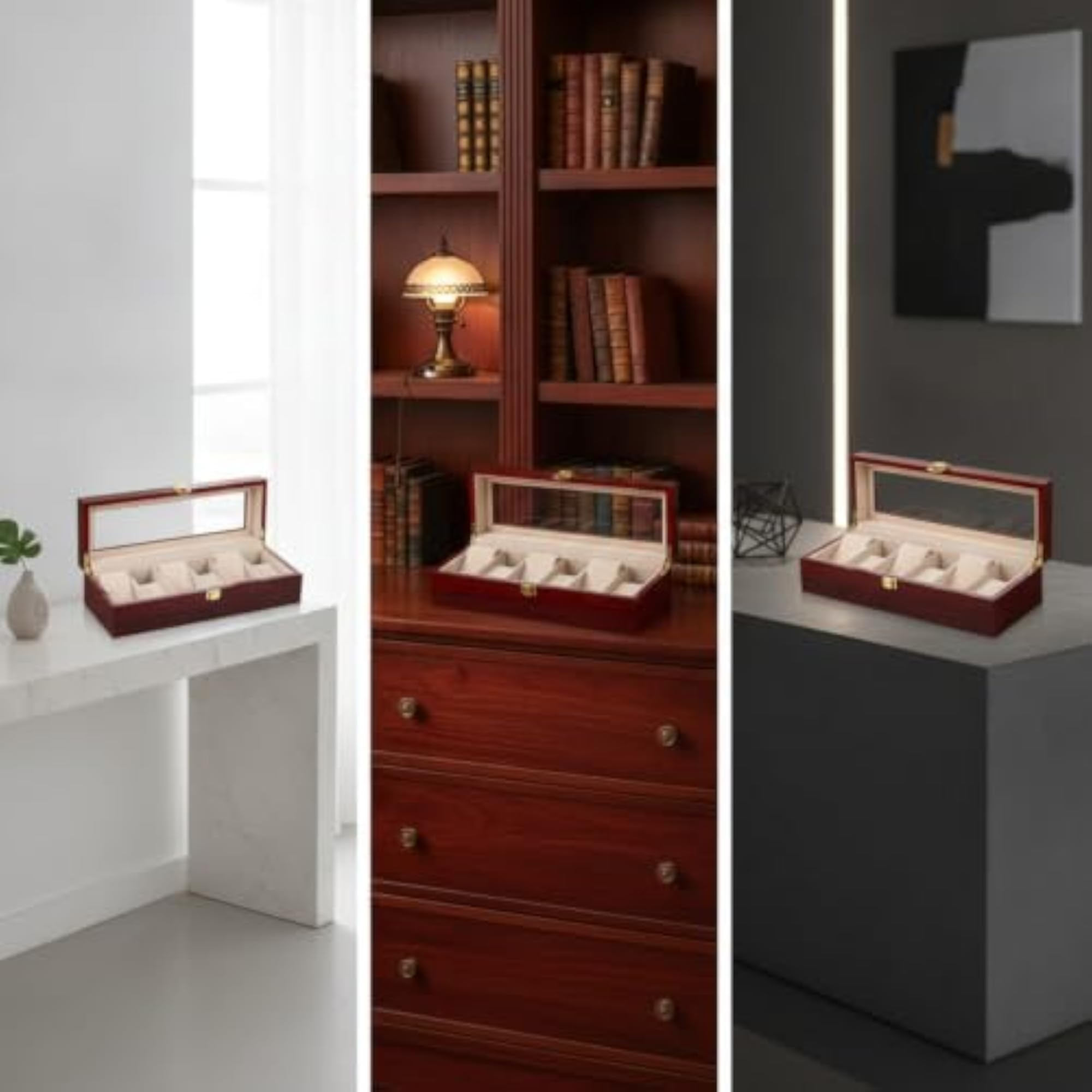 Lacquered Watch Storage Box with Glass Lid, Luxury Organizer