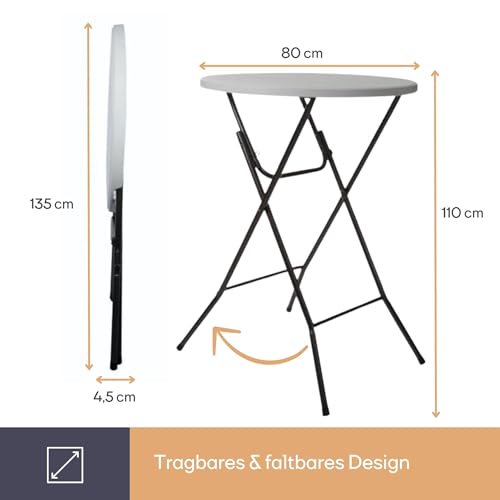 Perel Stehtisch klappbar, Bistrotisch, Klapptisch, stehtisch Outdoor wetterfest, Stehbiertisch rund, hoch, für Terrasse, Balkon, Garten, tragbar, Ø 80 x 110 cm, weiß