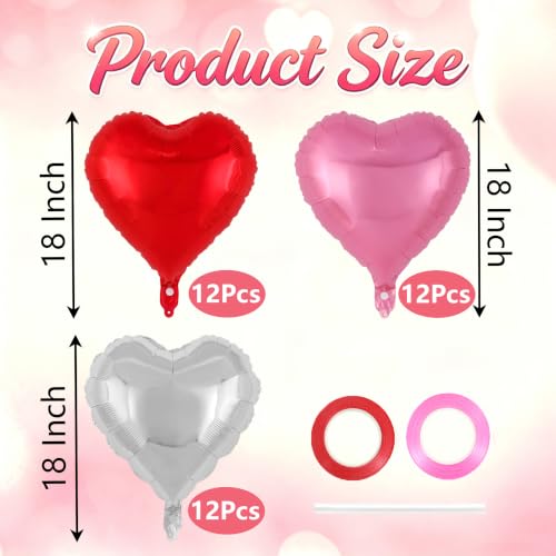 Image of 36 Pcs Red Pink Silver Heart Balloons,18 Inch Heart Foil Balloons Valentine Balloon for Wedding Engagement Party Valentine Day Decorations