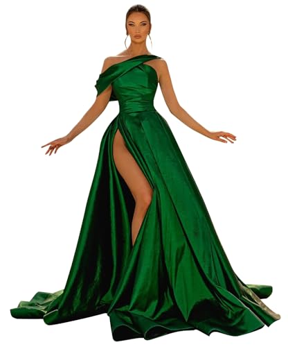 One Shoulder Prom Dresses for Women Satin Long Ball Gown with Slit Ruched Formal Evening Dresses