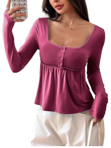 Image of SOLY HUX Women's Babydoll Tops Long Sleeve Henley Shirts Cute Square Neck Coquette Peplum Top