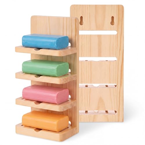 Ferrochef Jabonera de madera de 4 niveles para ducha, jabonera de montaje en pared, organizador de almacenamiento de barra autodrenante, estante de barra de madera natural para encimera de baño