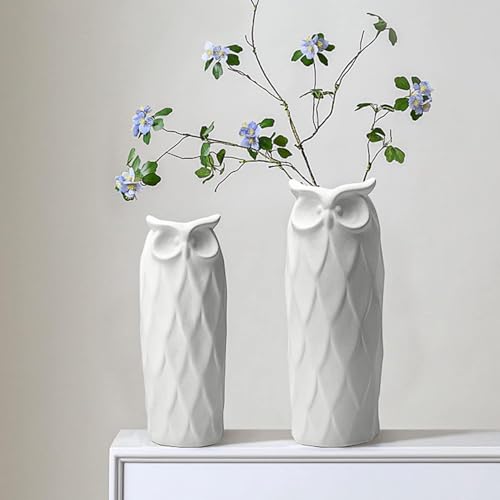 Image of PUREZENTO SnowOwl White Ceramic Donut Vase 8.27 & 9.45 Inch - Set of 2 | Decorative Owl Shape Sculptural Vase for Dried & Fresh Flowers | Vases for Modern Home Decor, Living Room, Office Decor Ideas