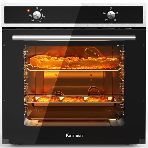 Karinear Four Electrique 60 cm avec Bouton de Commande, Four Encastrable, 65 L, 4 Programmes, 50-250 °C, avec Panneau en Verre Trempé, 2200W, 220-240V, avec...