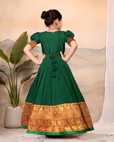 Image of Girls Silk Pattu Gown for Kids Traditional South Indian Long Ethnic Dress | Baby Girl Festival Pavadai Sattai Style Party Wedding Birthday Special Occasion Outfit
