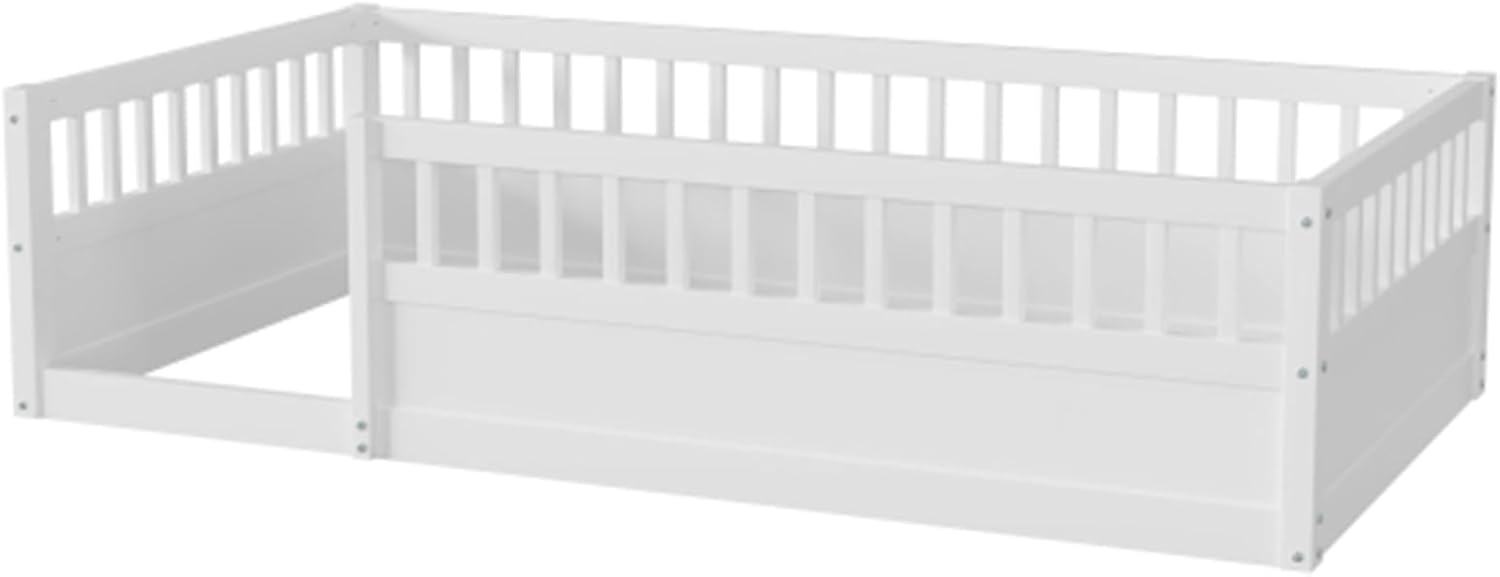 Twin Floor Bed Frame with Fence, Wood Kids Floor Beds Frame for Bedroom Playroom,White