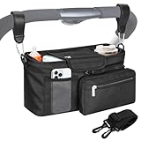Universal Stroller Organizer Bag, Stroller Caddy with Insulated Cup Holders & Detachable Phone Bag and Shoulder Strap, Stroller Bag for Baby Accessories Fits Most Strollers On Travel, Walks (Black)