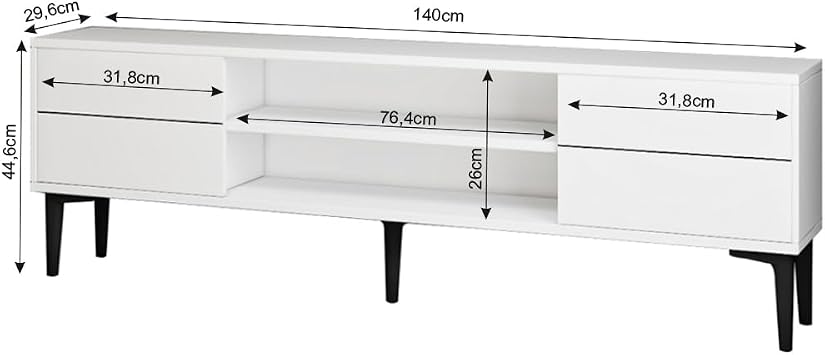 Aragon Modern TV Stand – 140 cm, TV Unit with 2 Covers + 2 Open Shelves, Black & White Color Options, White