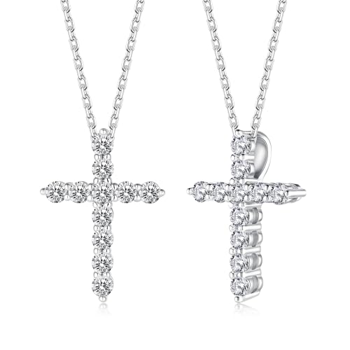 MOOSEA Dainty Moissanite Cross Necklace for Women, Lab Created Moissanite Necklace, 925 Sterling Silver Cross Necklaces, Faith Pendant Christian Gifts for Women Easter Gifts, Sterling Silver, created