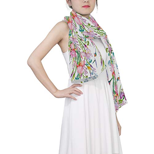 Pink Exotic Flowers Flying Hummingbird Women Long Silk Scarf, Shawl Chiffon Large Stole Headscarf, Lightweight Sunscreen Satin Scarves Wraps for Wedding Party Gift3