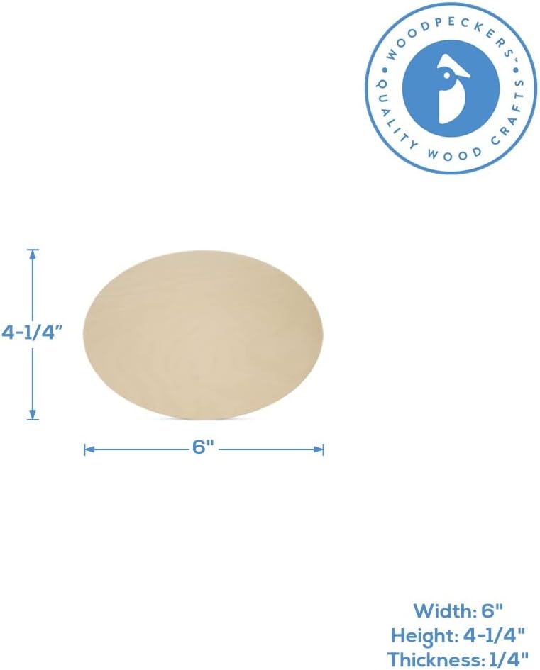 Wooden Oval Cutouts 6-inch x 4-1/4-inch, 1/4 Inch Thick, Pack of 5 Unfinished Wood Cutouts for Crafts, by Woodpeckers