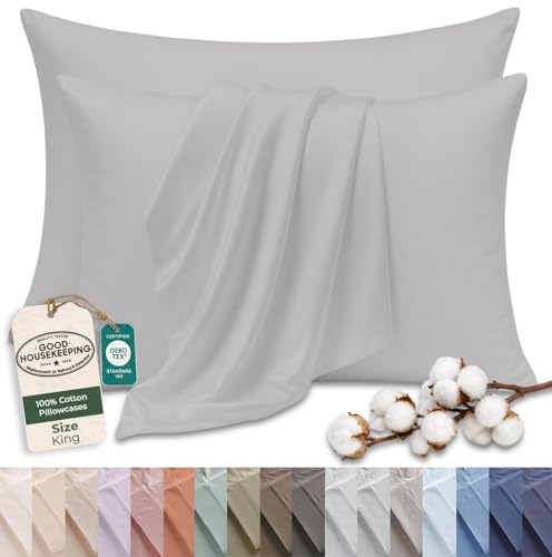 Image of Royale Linens 100% Cotton Pillow Cases King Size Set of 2 - Percale Pillowcase - Silver Pillow Cases Super Soft Cooling & Breathable Hotel Cotton Pillowcases, Fits King Pillows (20 inchx40 inch, Silver)