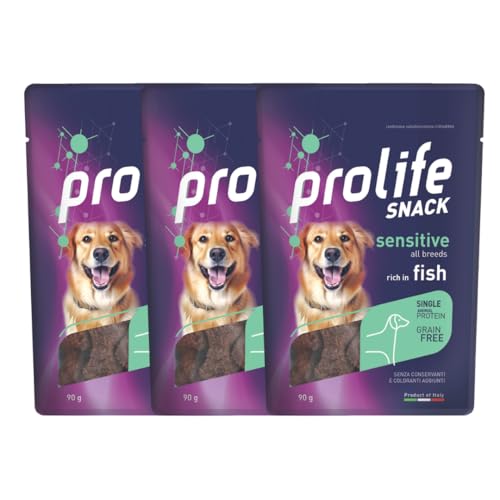 3 Prolife Snack Sensitive Grain Free Salmone - Alimento complementare ricco in Salmone per cani adulti di tutte le taglie - Snack Monoproteico e senza Grano - 90 gr