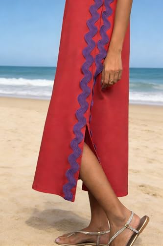 Image of utcoco Women's Summer Beach Boho Flowy Maxi Dress Casual Sleeveless V Neck Side Slit RIC Rac Tank Dress