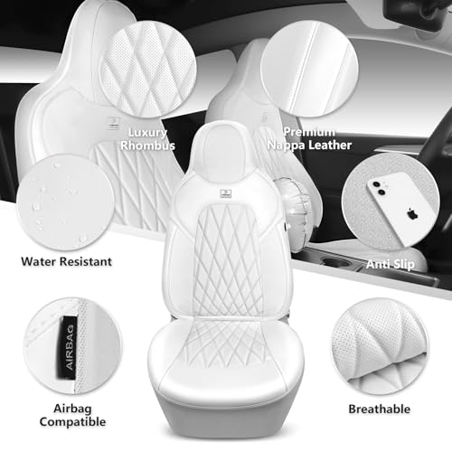 Image of CAR PASS Nappa Leather High Back Front Seat Covers, Tesla Model 3 Model Y Breathable Faux Leather Front Bucket Seat Covers, Anti-Slip Airbag Compatible Universal Fit for Sedan SUV Van Truck, White