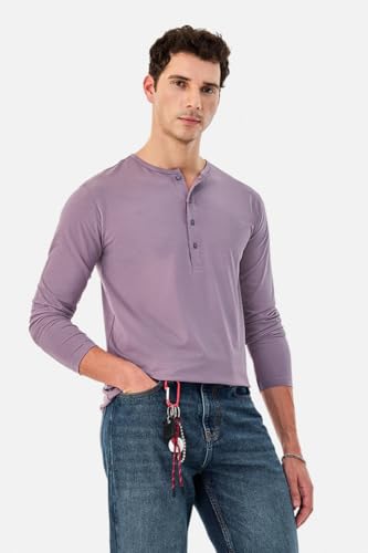Image of SNITCH Men's T-Shirt | Regular Fit Henley Neck Full Sleeve Solid Pattern | Stretchable Rayon Cotton Spandex Blend Breathable Fabric for Casual & Everyday Wear