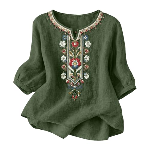 Embroidered Cotton Linen Shirts for Women Comfy 3/4 Sleeve Notched