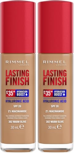 Rimmel Lasting Finish 35 Hr Foundation 302 Warm Olive, cobertura completa, hidratante, SPF 20, ácido hialurónico, vitamina E, 2% niacinamida, uso diario, vegano, libre de crueldad animal