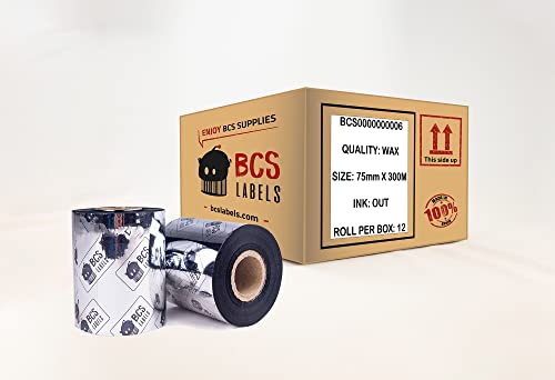 BCS LABELS - Tinta para Etiquetas Térmicas - Cinta Ribbon Cera para etiquetas de Papel 75mm x 300m - Negra (1) 🔥