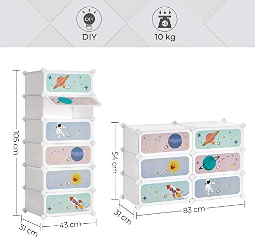 SONGMICS 6-Slot Childrens Shoe Rack, Storage Unit, Interlocking Organiser Cabinet for Kids with Plastic Shelves, Modular Wardrobe with Doors, 43 x 31 x 105 cm, White LPC904W01