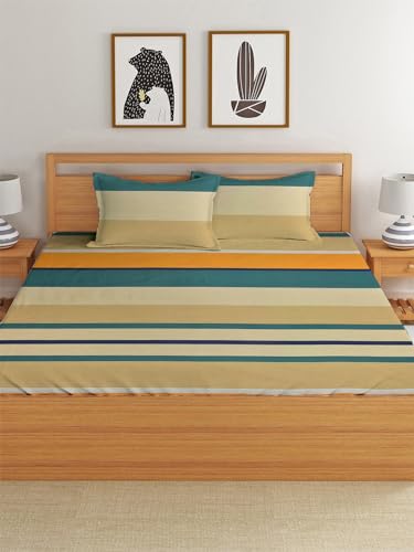 Image of LOOMLYFE 300 TC Cotton Feel Glace Cotton Elastic Fitted Printed Queen Size Double Bed Bedsheet with 2 Pillow Covers Fits Upto 8 inches,Size- 60x78x10 Inches, Yellow Green Stripes