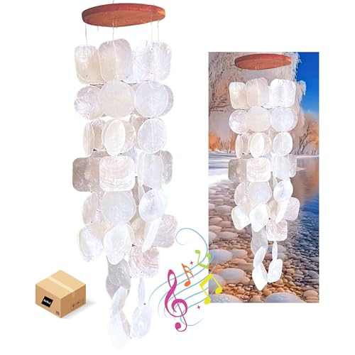 Bellaa 22913 Wind Chimes Outdoor, Garden Decorations, Musical, Indoor/Outside Windchimes, Beach, Ocean Breeze, Gifts for Mom, Gift for All Occasions, Capiz Sea Glass Shells Wood White 27 inch