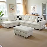 UbMelt L Shaped Couch Modern Couches for Living Room Faux Leather 3 Pieces Modular Sectional Sofa with Storage Ottoman and Back Cushions for Reception Room and Apartment, White