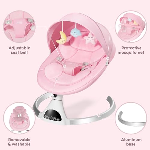 HARPPA Electric Baby Swings for Infants to Toddler, Portable Babies Swing for Newborn Boy and Girls, Motorized Bluetooth Swing, Music Speaker with 12 Preset Lullabies(Pink
