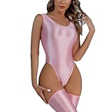 Mzkdieey Women's Satin Glossy Sleeveless Bodysuit Scoop Neck Backless Leotard One Piece Smooth Oil Shiny Dance Leotard Pink